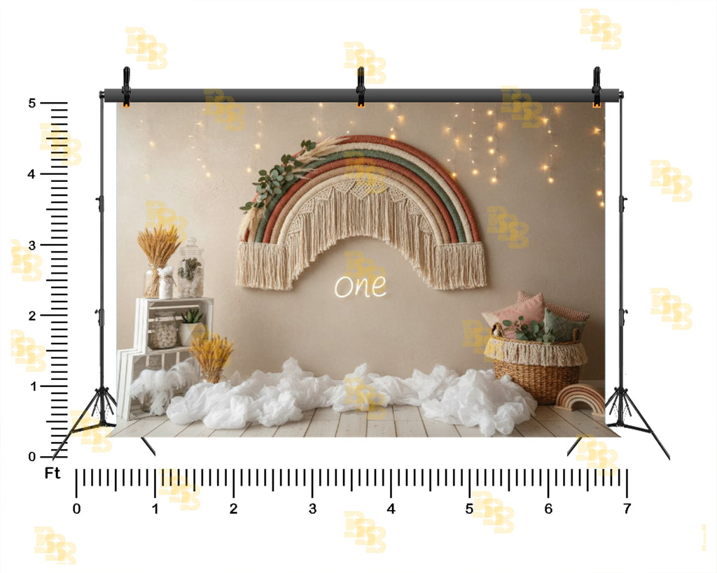 BOHO RAINBOW FIRST BIRTHDAY SETUP BACKDROP FOR BABY & CAKE SMASH PHOTOGRAPHY