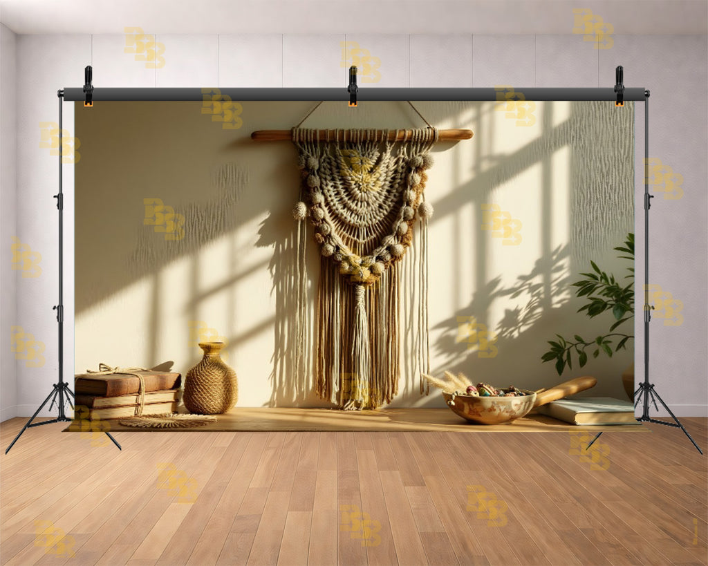 BOHO MACRAME WALL DECOR MINIMAL SETUP BACKDROP FOR BOUTIQUE & PRODUCT PHOTOGRAPHY