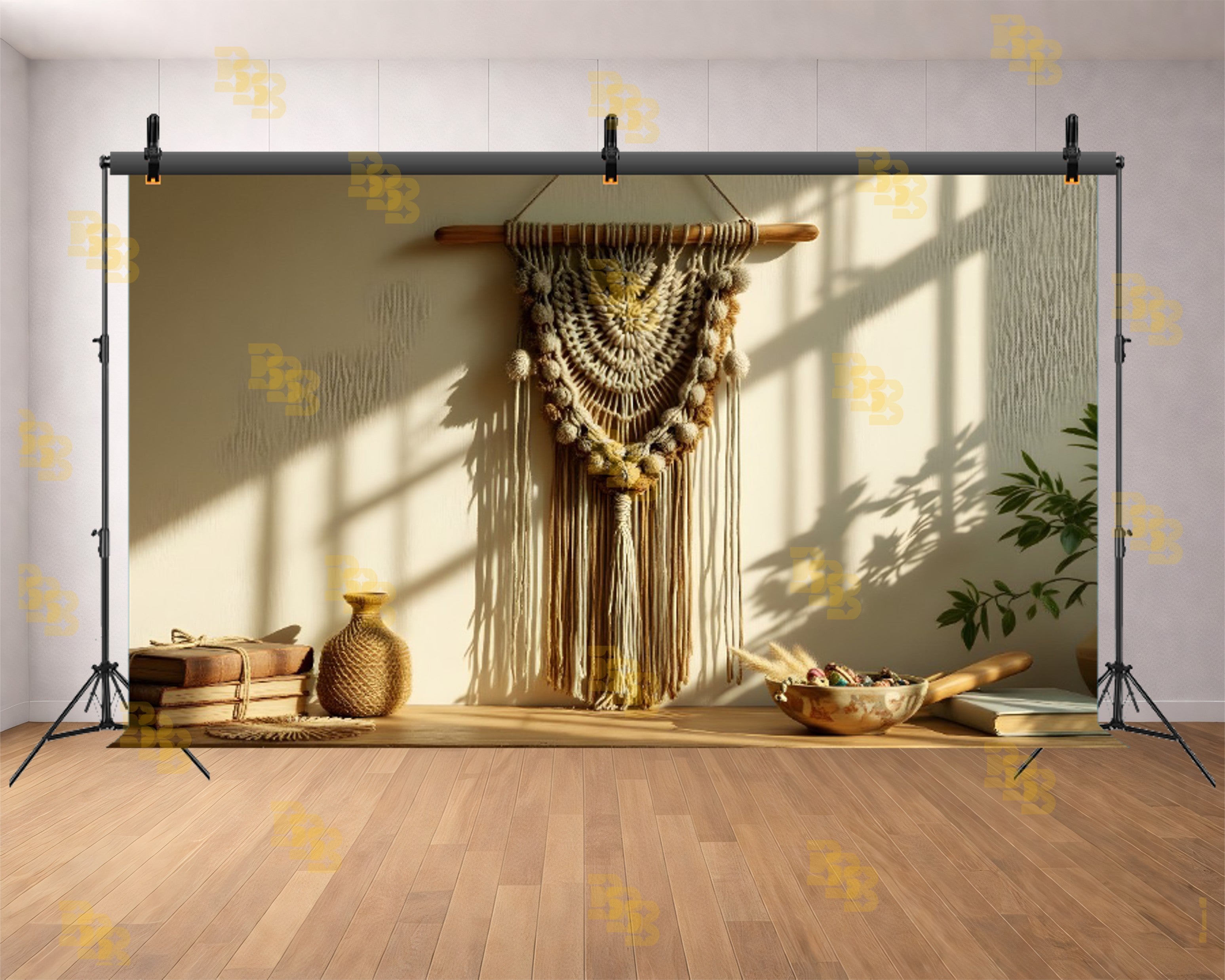 BOHO MACRAME WALL DECOR MINIMAL SETUP BACKDROP FOR BOUTIQUE & PRODUCT PHOTOGRAPHY