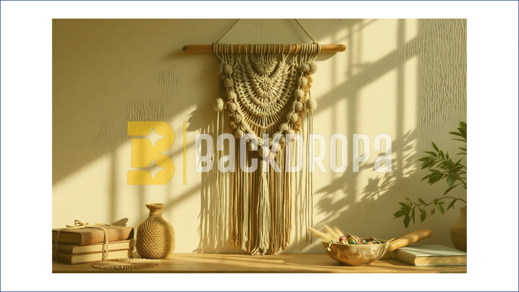 BOHO MACRAME WALL DECOR MINIMAL SETUP BACKDROP FOR BOUTIQUE & PRODUCT PHOTOGRAPHY