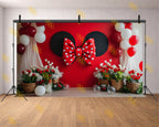 MINNIE STYLE RED POLKA BOW FLORAL PARTY BACKDROP FOR KIDS & BIRTHDAY PHOTOGRAPHY