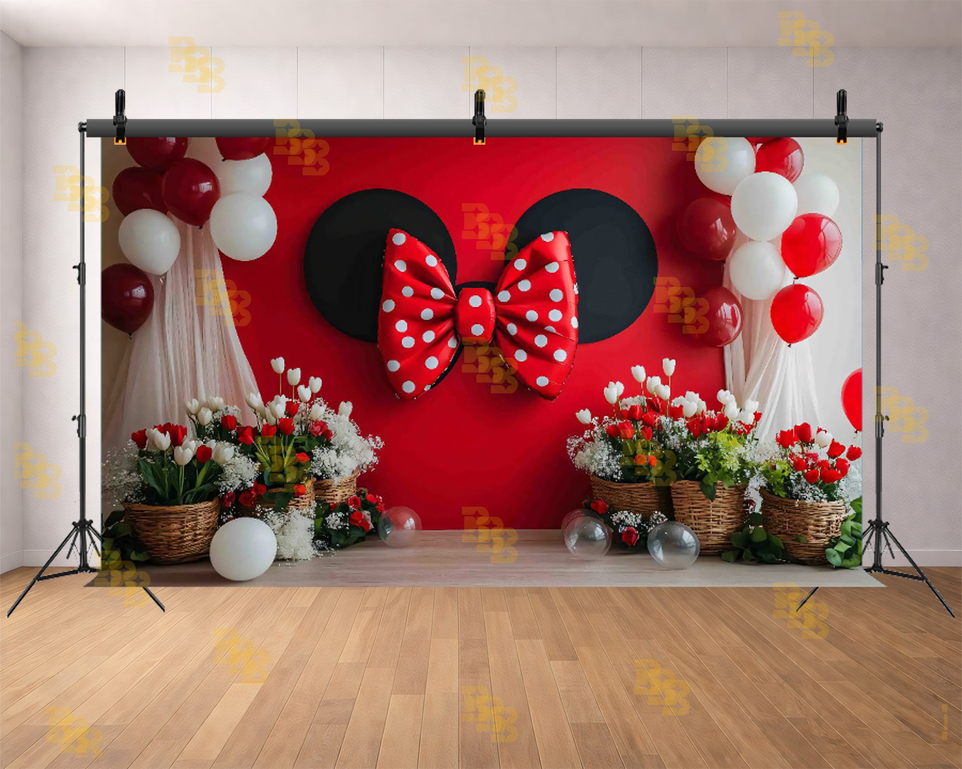 MINNIE STYLE RED POLKA BOW FLORAL PARTY BACKDROP FOR KIDS & BIRTHDAY PHOTOGRAPHY