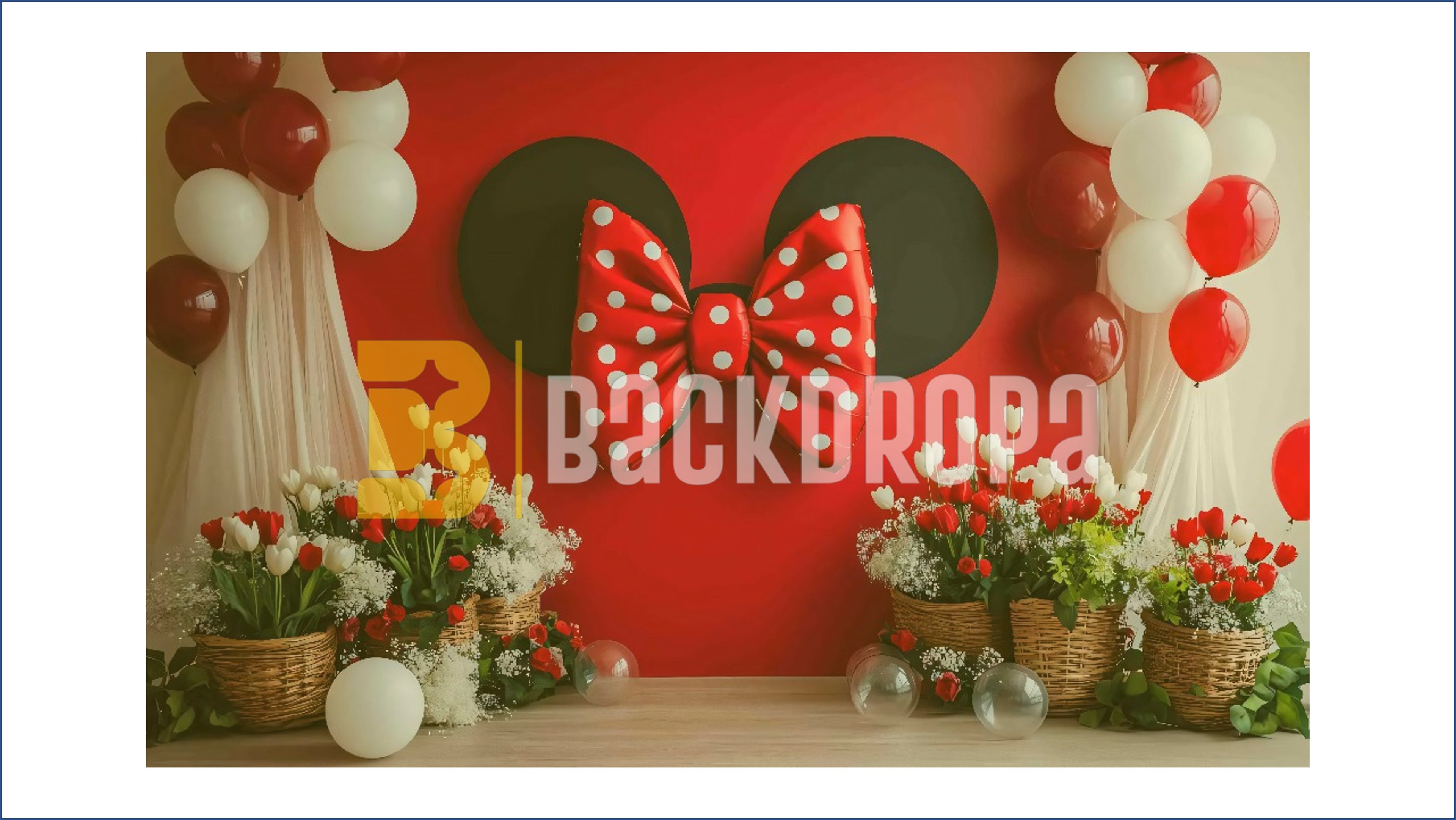 MINNIE STYLE RED POLKA BOW FLORAL PARTY BACKDROP FOR KIDS & BIRTHDAY PHOTOGRAPHY