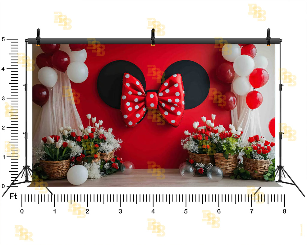 MINNIE STYLE RED POLKA BOW FLORAL PARTY BACKDROP FOR KIDS & BIRTHDAY PHOTOGRAPHY