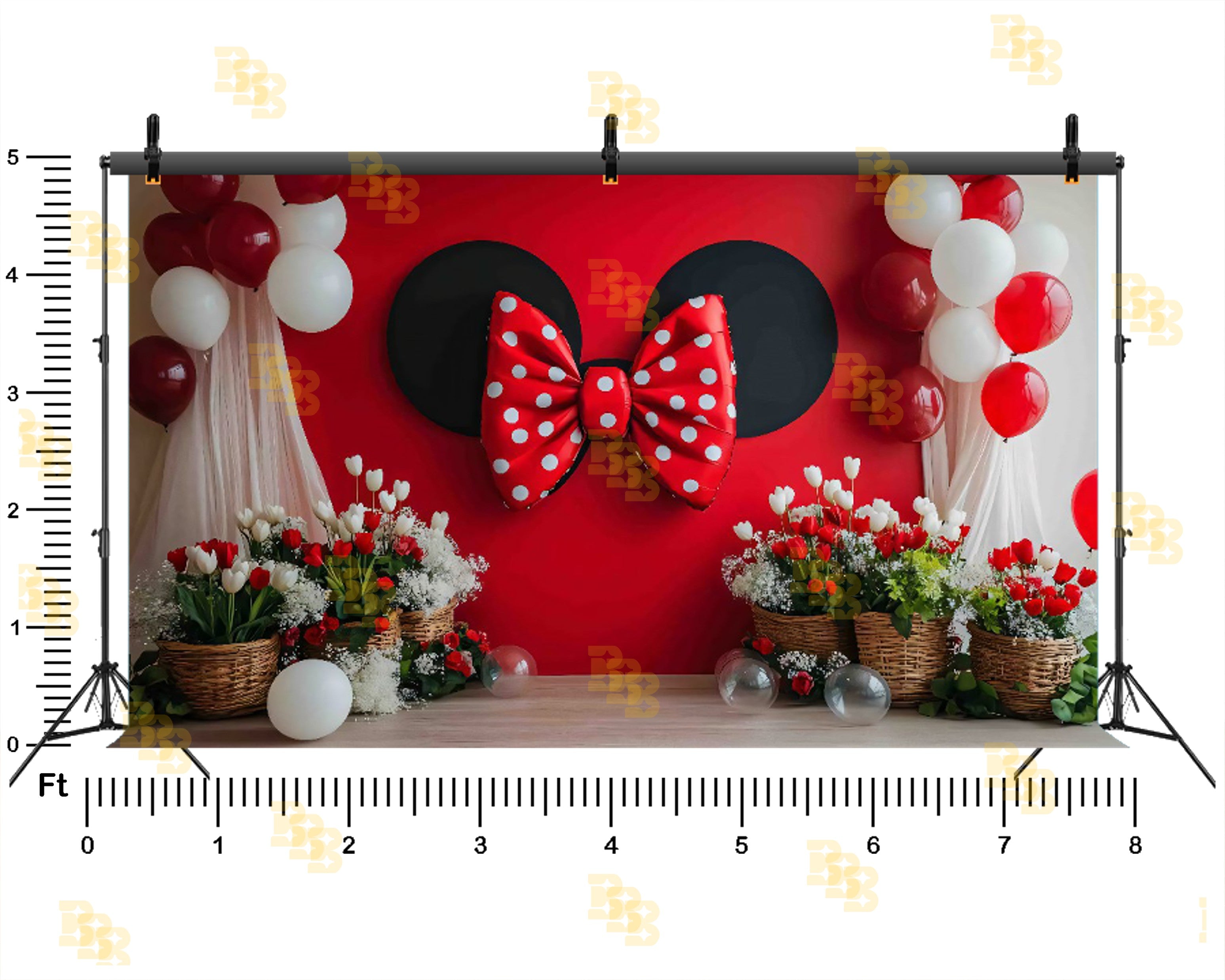MINNIE STYLE RED POLKA BOW FLORAL PARTY BACKDROP FOR KIDS & BIRTHDAY PHOTOGRAPHY