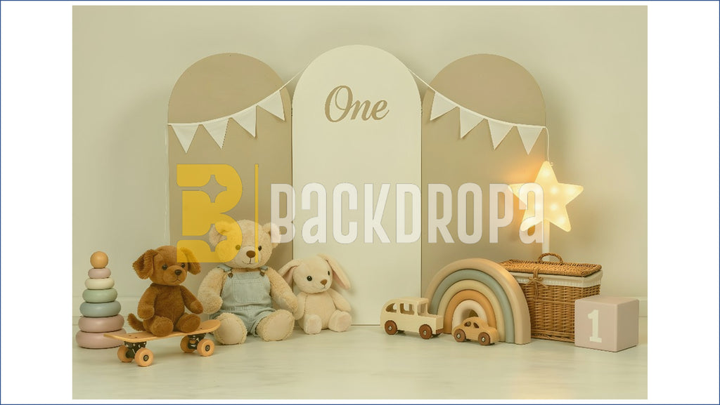 NEUTRAL BABY FIRST BIRTHDAY MINIMAL TEDDY TOY SETUP BACKDROP USING KIDS PHOTOGRAPHY