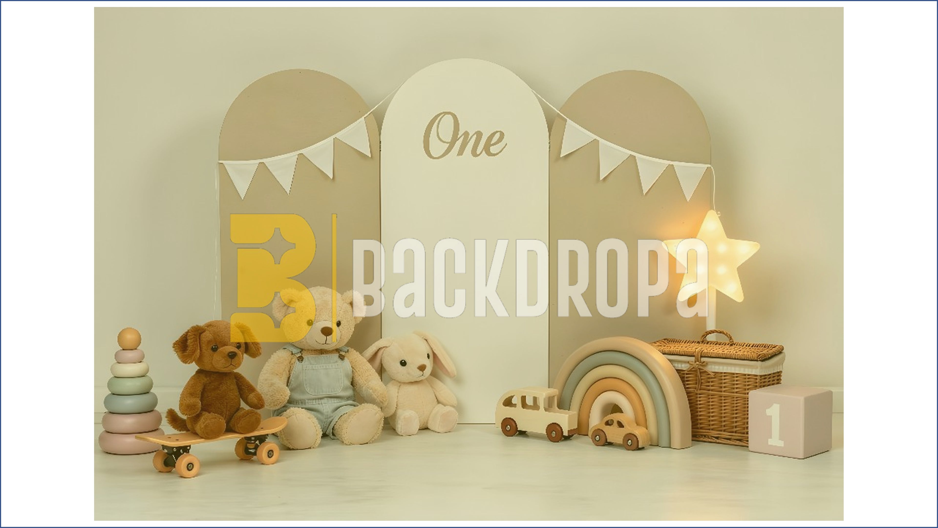 NEUTRAL BABY FIRST BIRTHDAY MINIMAL TEDDY TOY SETUP BACKDROP USING KIDS PHOTOGRAPHY
