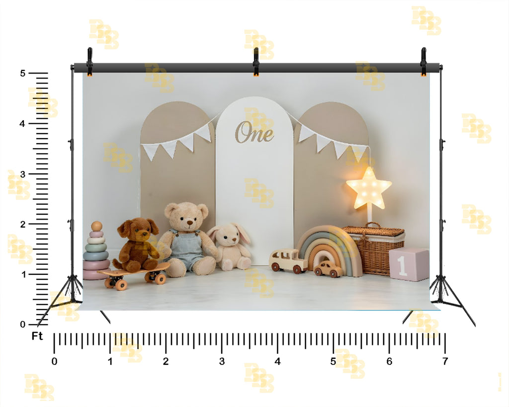 NEUTRAL BABY FIRST BIRTHDAY MINIMAL TEDDY TOY SETUP BACKDROP USING KIDS PHOTOGRAPHY