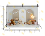 NEUTRAL BABY FIRST BIRTHDAY MINIMAL TEDDY TOY SETUP BACKDROP USING KIDS PHOTOGRAPHY