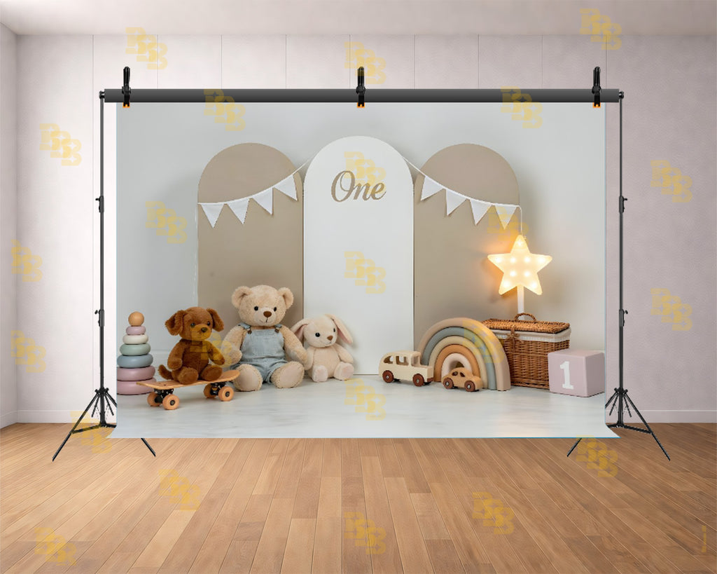 NEUTRAL BABY FIRST BIRTHDAY MINIMAL TEDDY TOY SETUP BACKDROP USING KIDS PHOTOGRAPHY