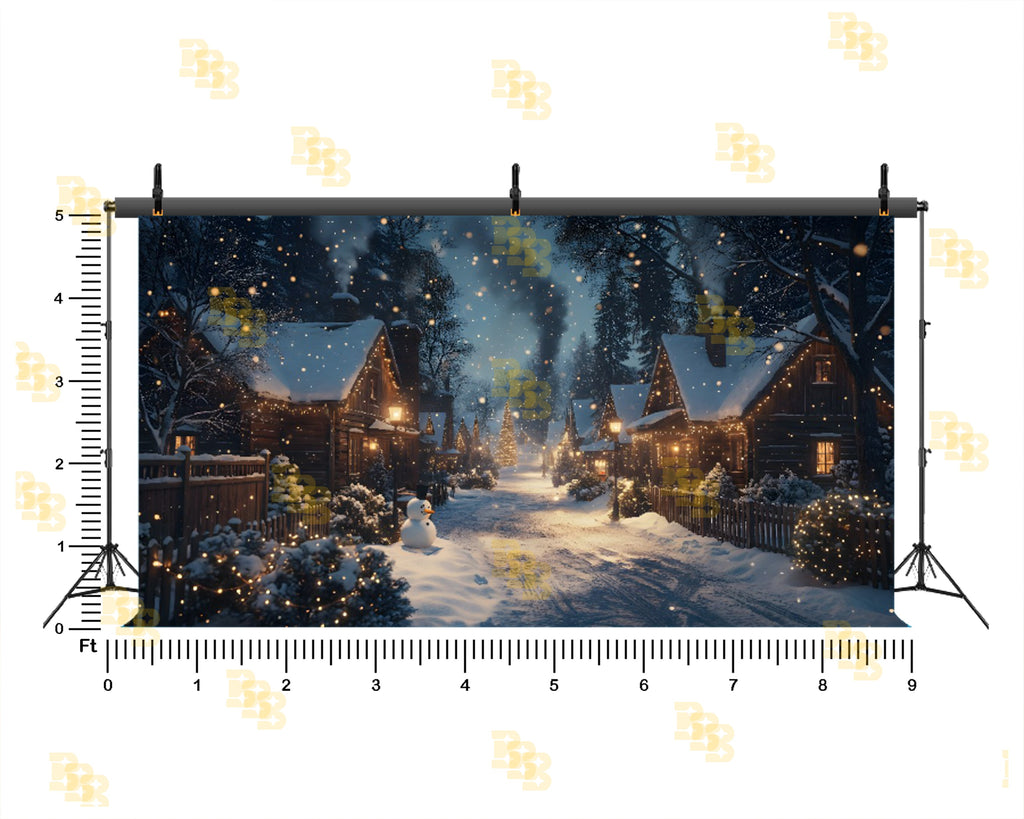 MAGICAL CHRISTMAS NIGHT SNOW VILLAGE BACKDROP FOR FESTIVE & FAMILY PHOTOGRAPHY