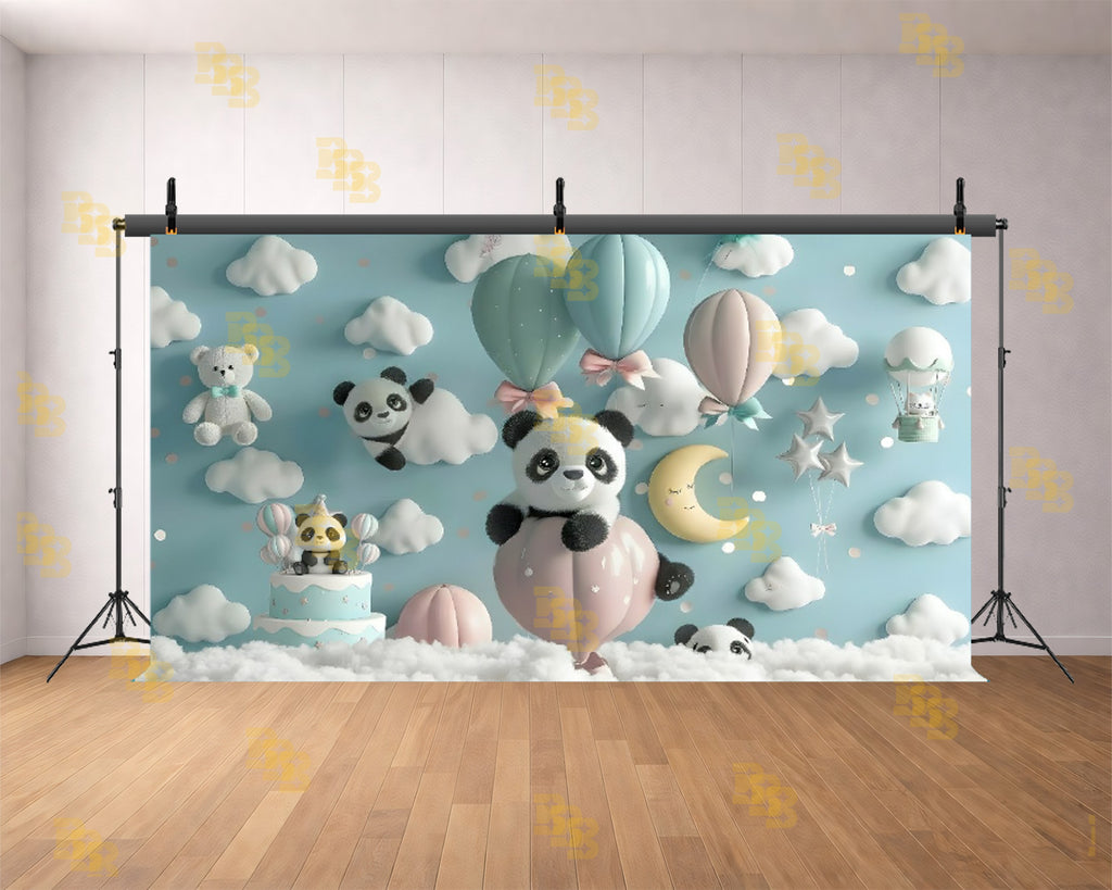 CUTE PANDA BALLOON SKY THEME BACKDROP FOR BABY & KIDS PHOTOGRAPHY