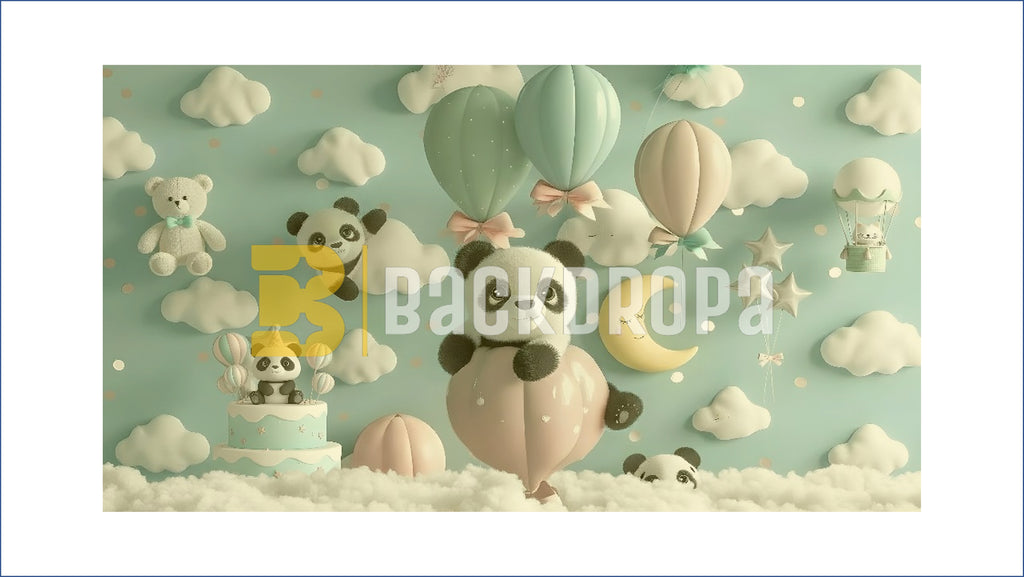 CUTE PANDA BALLOON SKY THEME BACKDROP FOR BABY & KIDS PHOTOGRAPHY