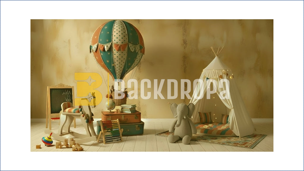 VINTAGE KIDS PLAYROOM HOT AIR BALLOON SETUP BACKDROP FOR BABY & KIDS PHOTOGRAPHY