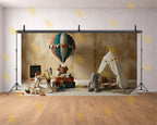 VINTAGE KIDS PLAYROOM HOT AIR BALLOON SETUP BACKDROP FOR BABY & KIDS PHOTOGRAPHY