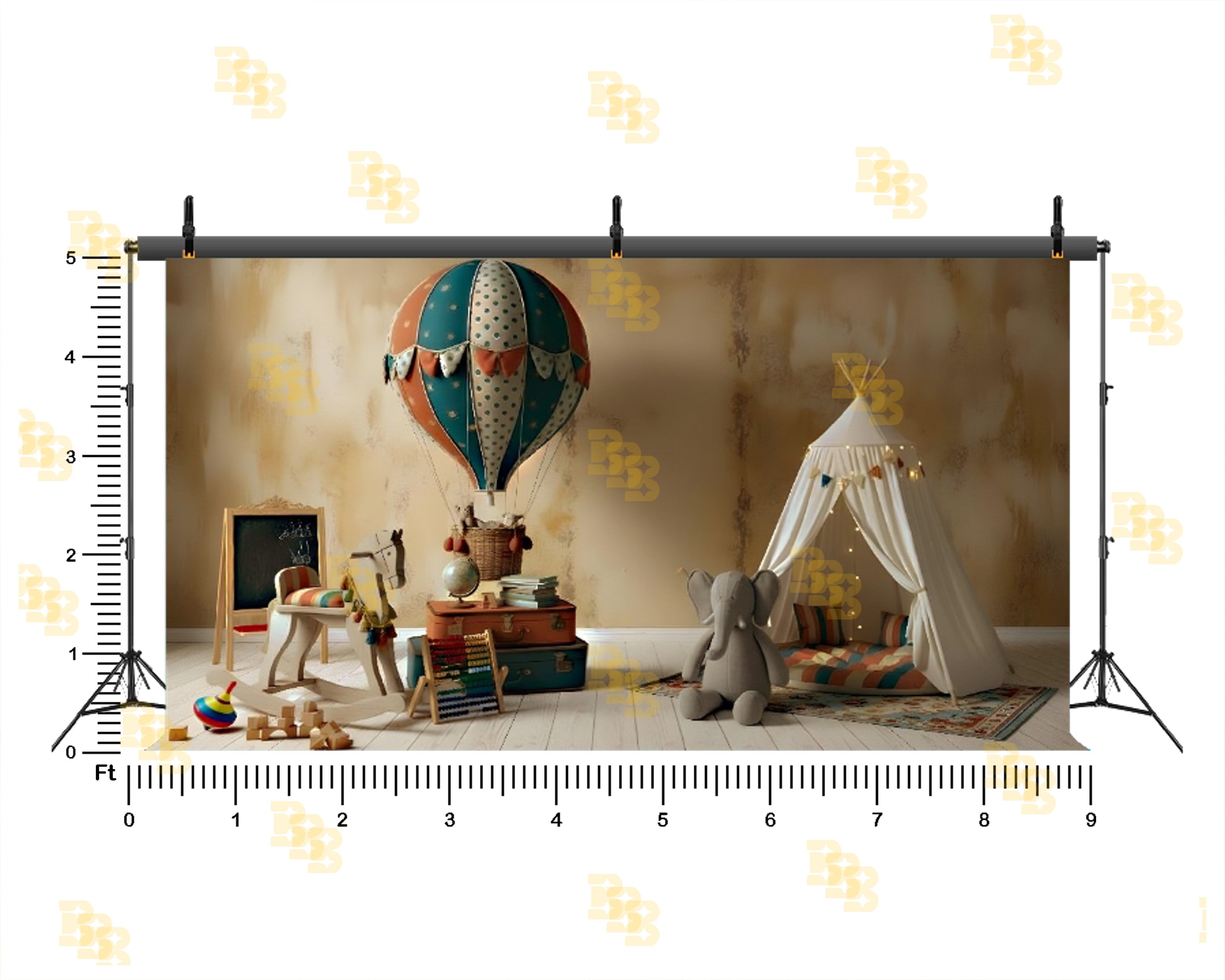 VINTAGE KIDS PLAYROOM HOT AIR BALLOON SETUP BACKDROP FOR BABY & KIDS PHOTOGRAPHY
