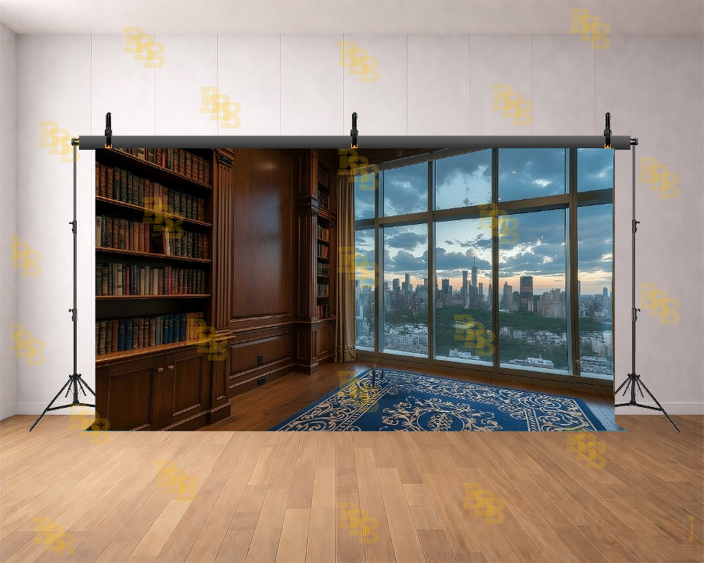 PREMIUM WOODEN LIBRARY ROOM WITH CITY SKYLINE VIEW BACKDROP FOR CONTENT CREATORS