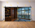 PREMIUM WOODEN LIBRARY ROOM WITH CITY SKYLINE VIEW BACKDROP FOR CONTENT CREATORS