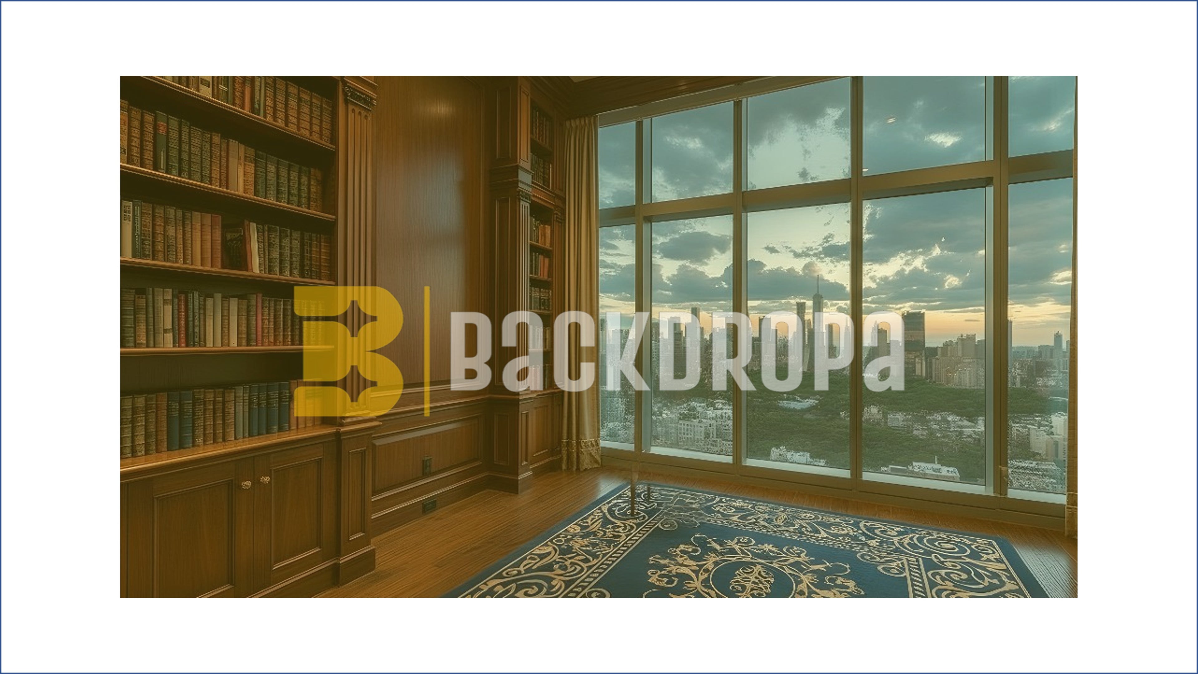 PREMIUM WOODEN LIBRARY ROOM WITH CITY SKYLINE VIEW BACKDROP FOR CONTENT CREATORS
