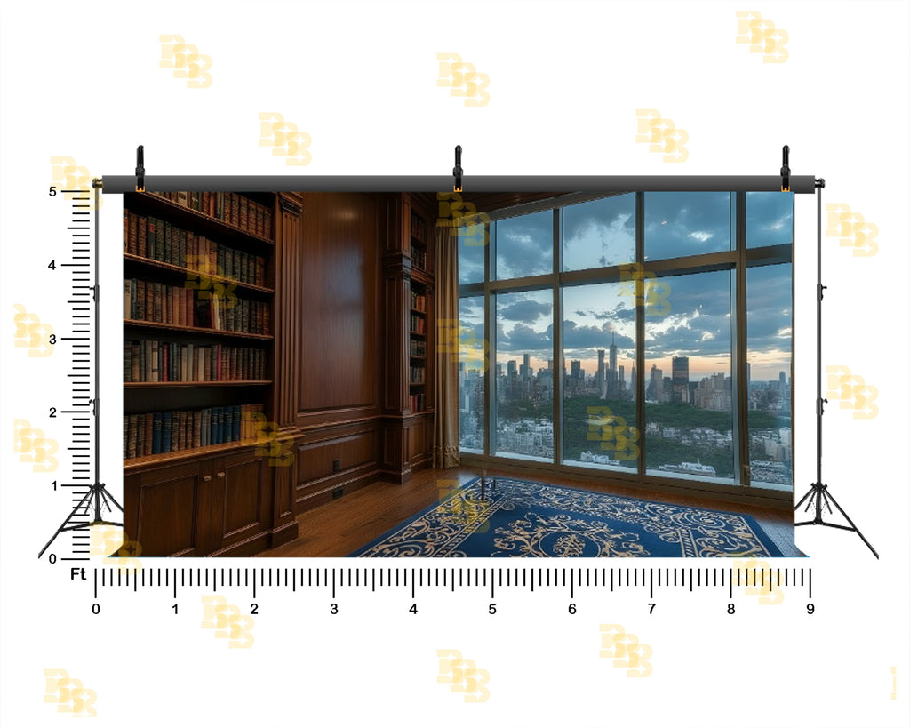 PREMIUM WOODEN LIBRARY ROOM WITH CITY SKYLINE VIEW BACKDROP FOR CONTENT CREATORS