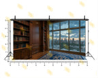 PREMIUM WOODEN LIBRARY ROOM WITH CITY SKYLINE VIEW BACKDROP FOR CONTENT CREATORS