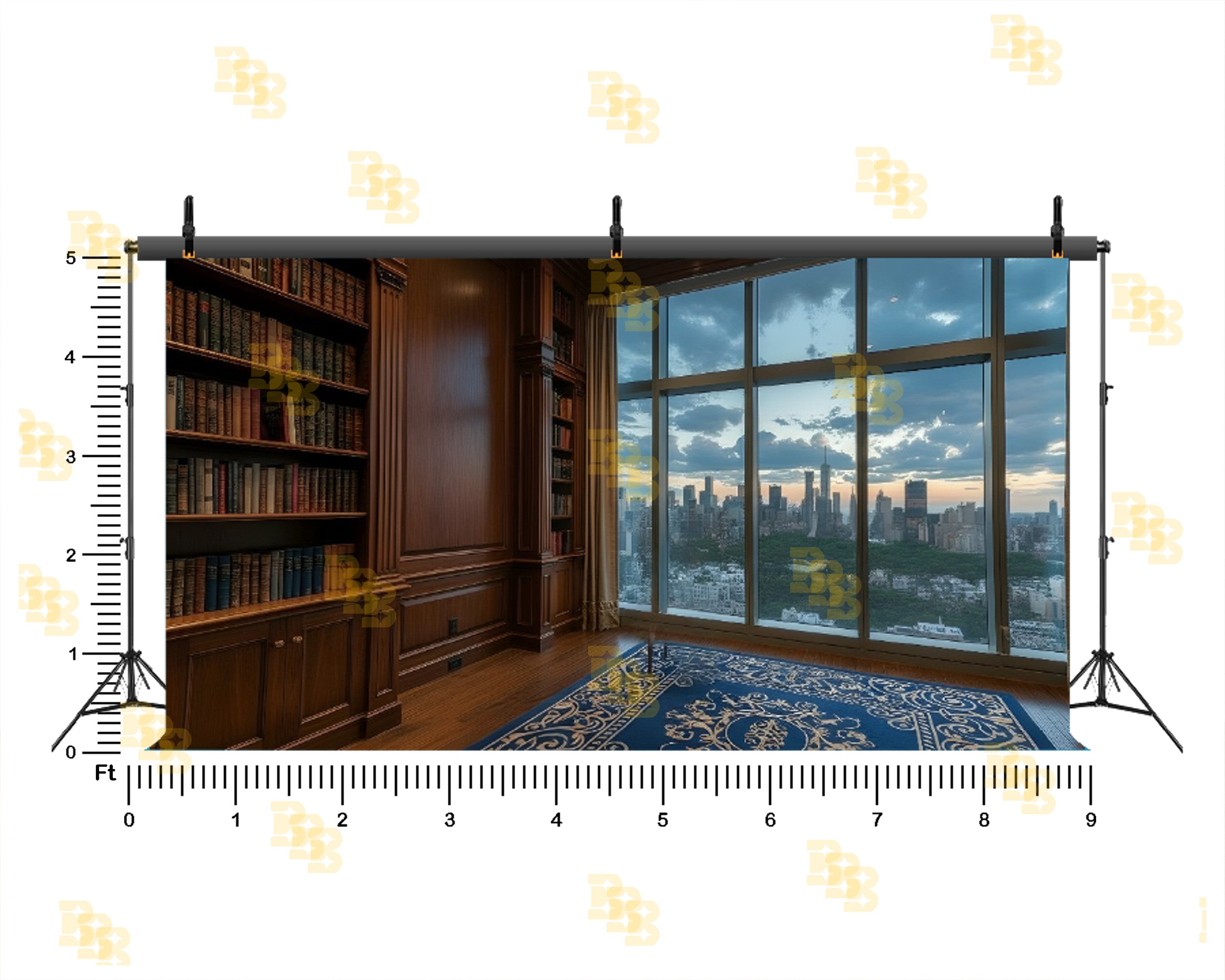PREMIUM WOODEN LIBRARY ROOM WITH CITY SKYLINE VIEW BACKDROP FOR CONTENT CREATORS