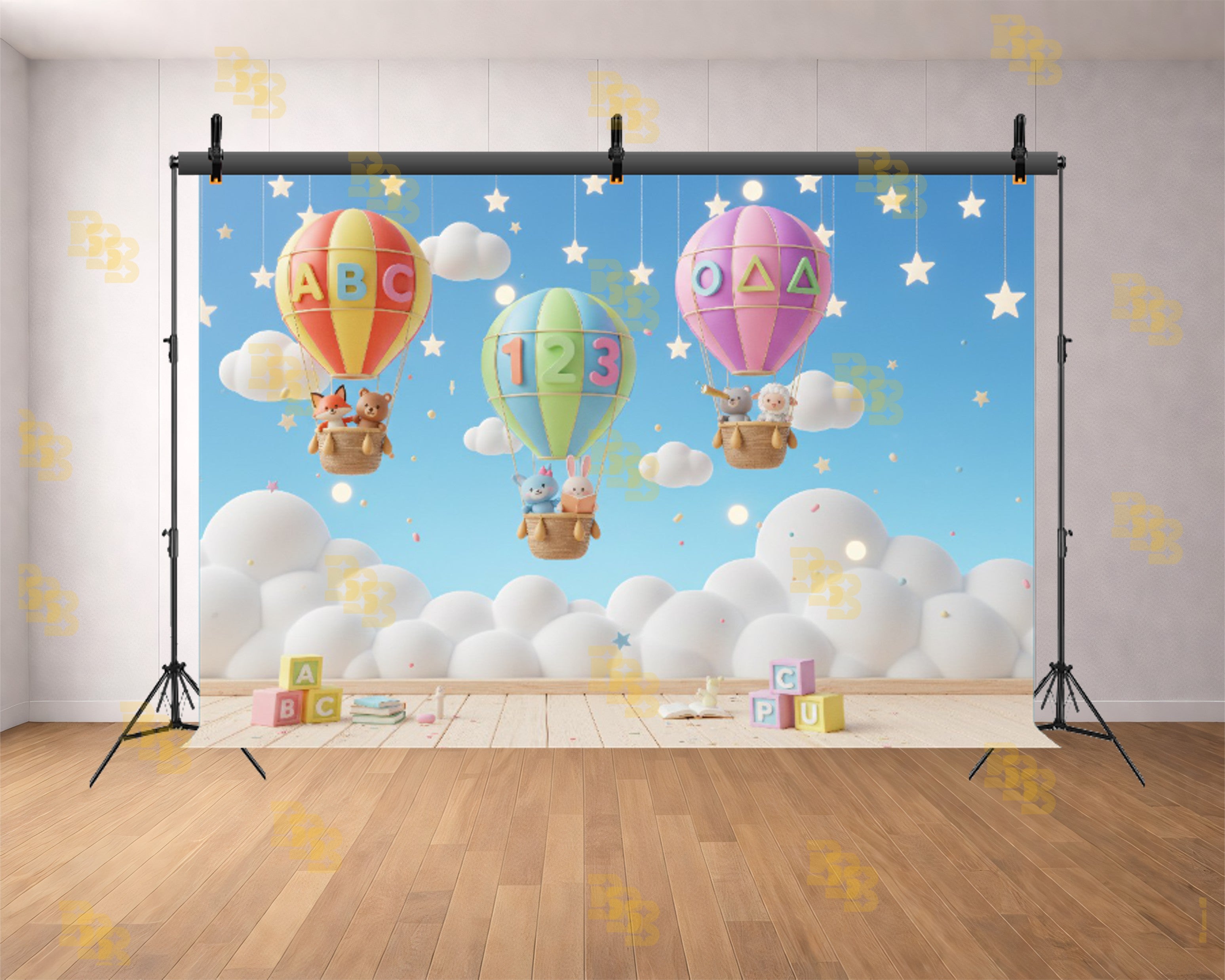 CUTE HOT AIR BALLOON ABC 123 KIDS LEARNING THEME BACKDROP FOR KIDS, BABY & PRESCHOOL PHOTOGRAPHY