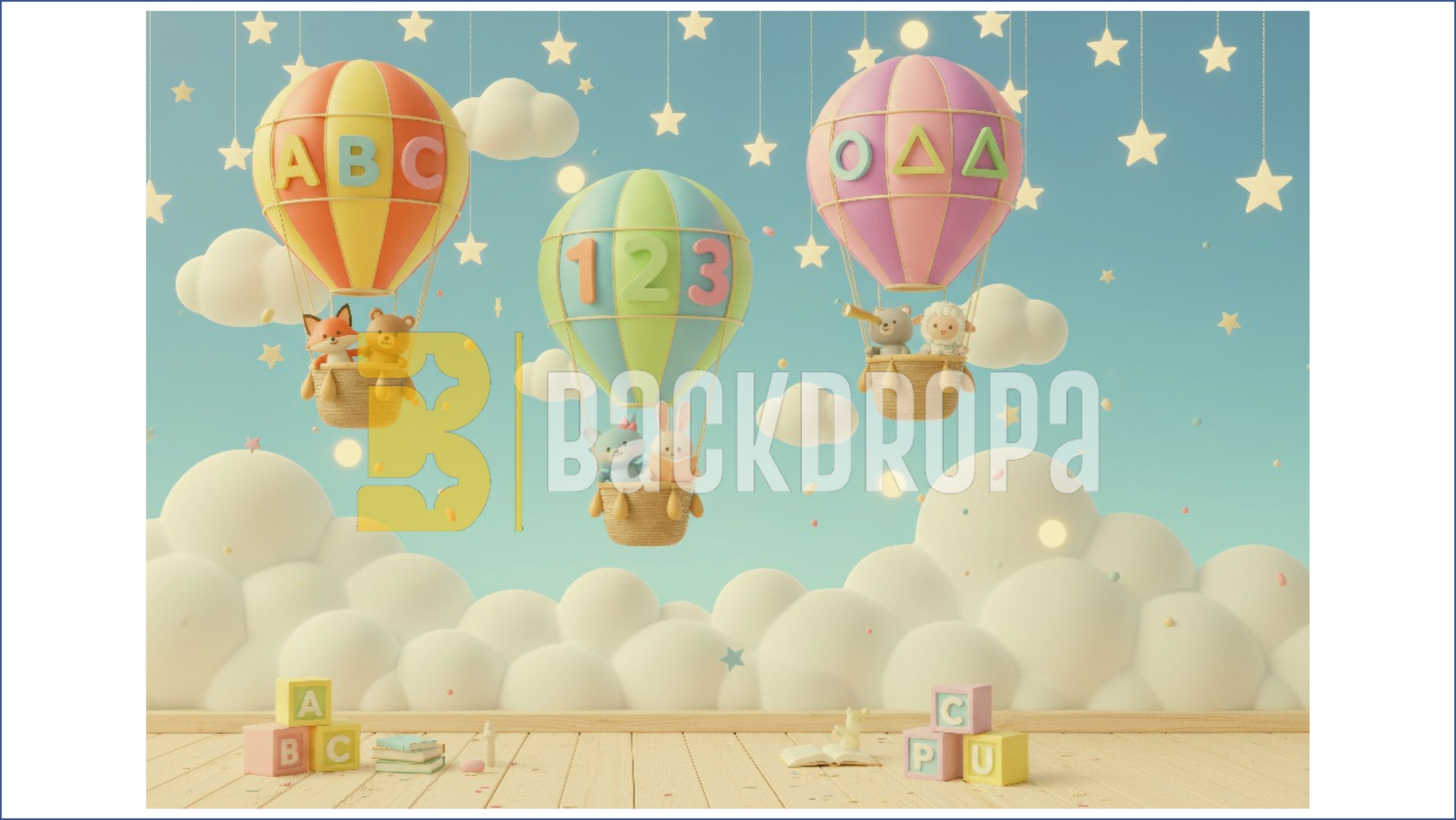 CUTE HOT AIR BALLOON ABC 123 KIDS LEARNING THEME BACKDROP FOR KIDS, BABY & PRESCHOOL PHOTOGRAPHY