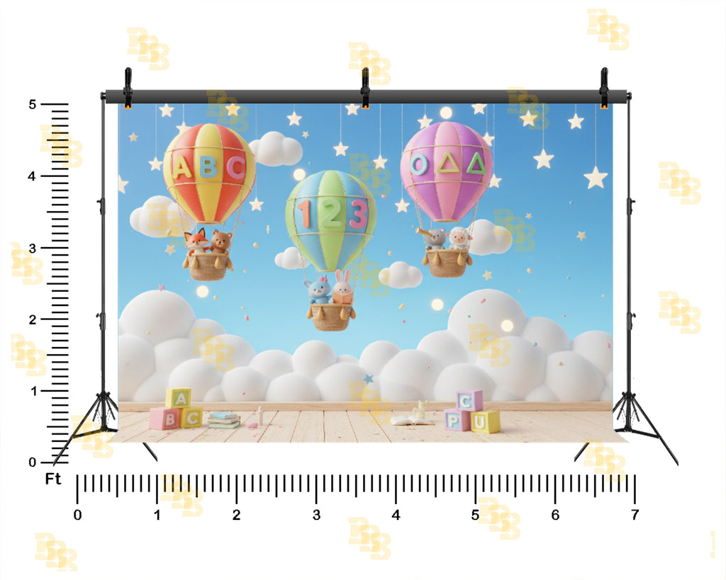 CUTE HOT AIR BALLOON ABC 123 KIDS LEARNING THEME BACKDROP FOR KIDS, BABY & PRESCHOOL PHOTOGRAPHY