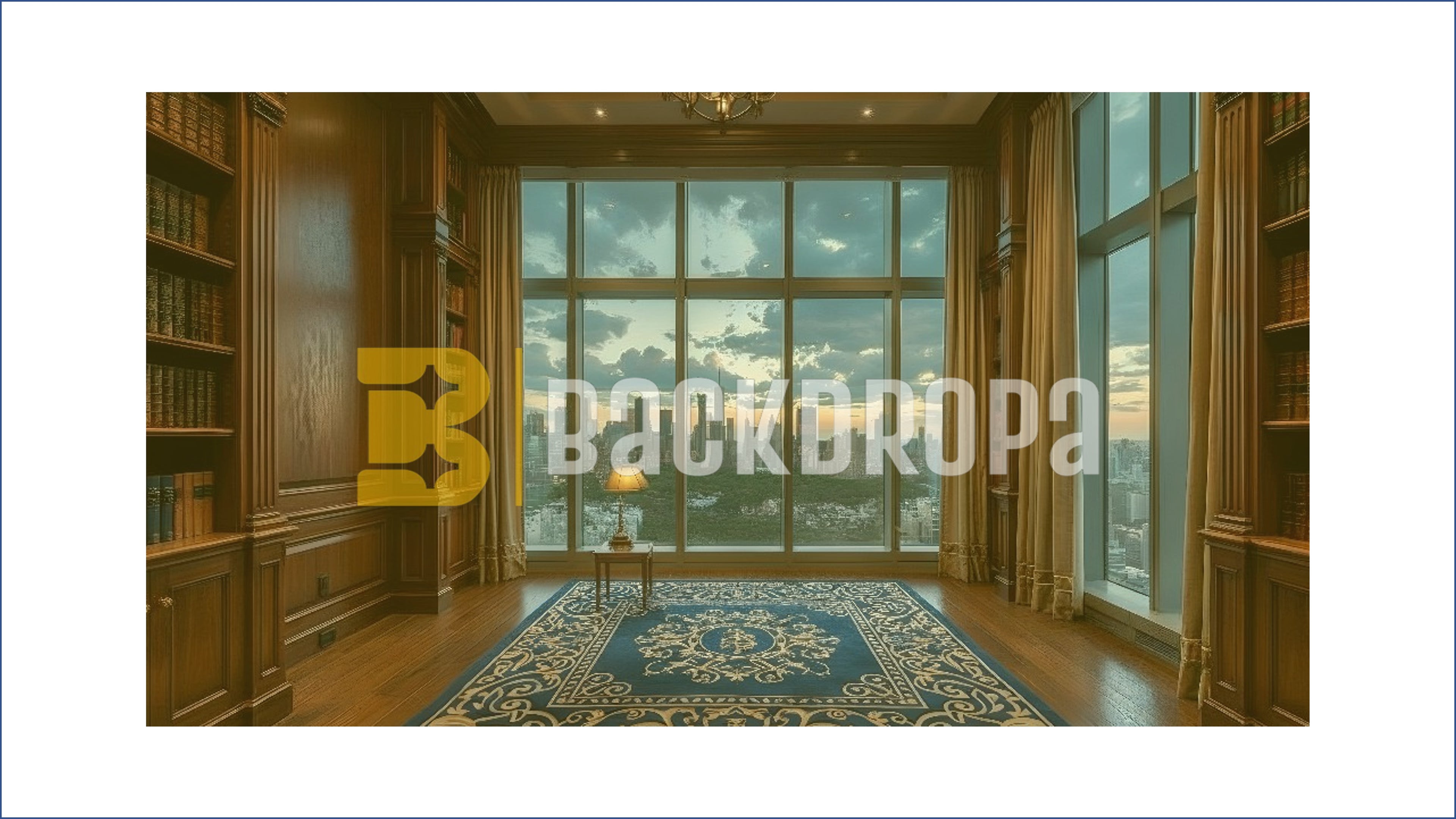 LUXURY LIBRARY WINDOW CITY VIEW INTERIOR BACKDROP FOR PORTRAIT & EDITORIAL PHOTOGRAPHY