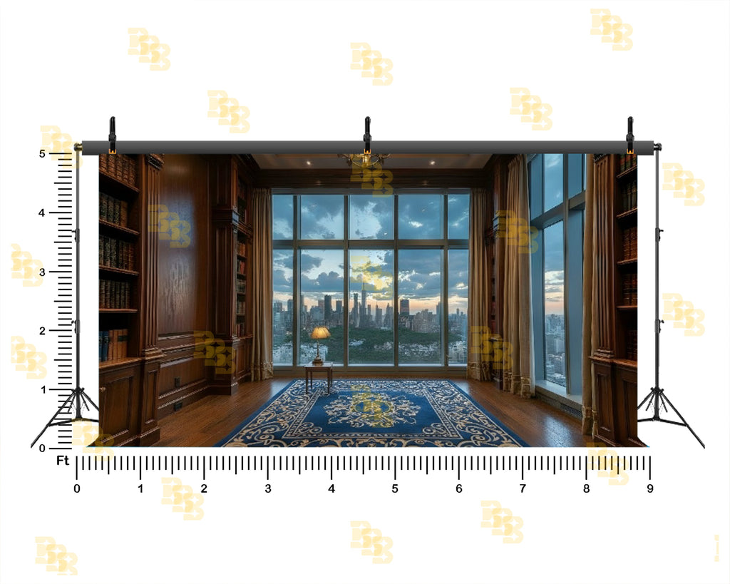 LUXURY LIBRARY WINDOW CITY VIEW INTERIOR BACKDROP FOR PORTRAIT & EDITORIAL PHOTOGRAPHY
