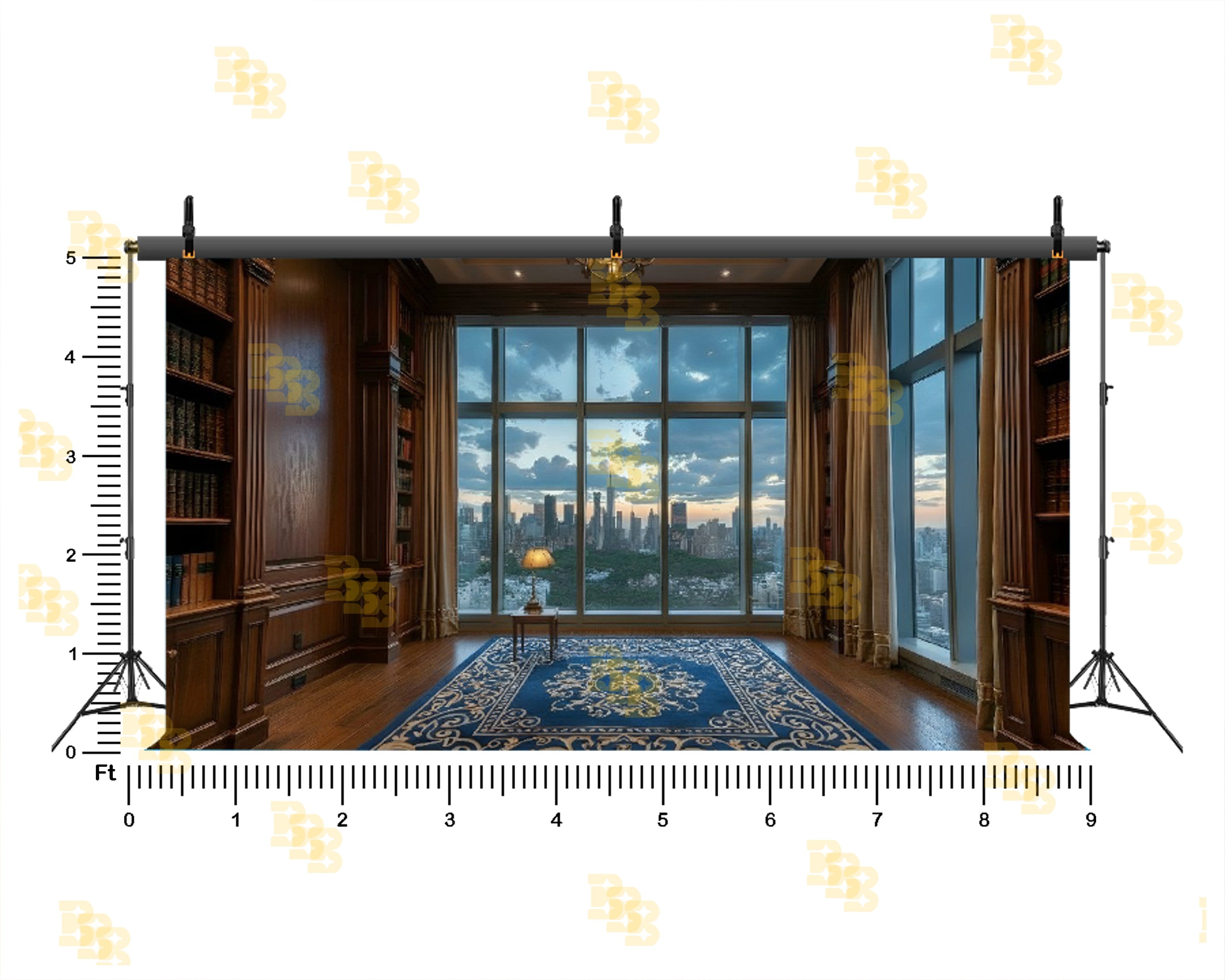 LUXURY LIBRARY WINDOW CITY VIEW INTERIOR BACKDROP FOR PORTRAIT & EDITORIAL PHOTOGRAPHY