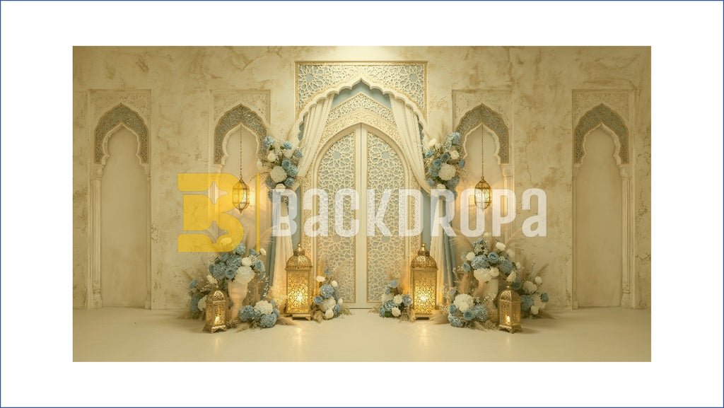 ELEGANT CARVED ARCH FLORAL LANTERN SETUP BACKDROP FOR WEDDING & EVENT PHOTOGRAPHY
