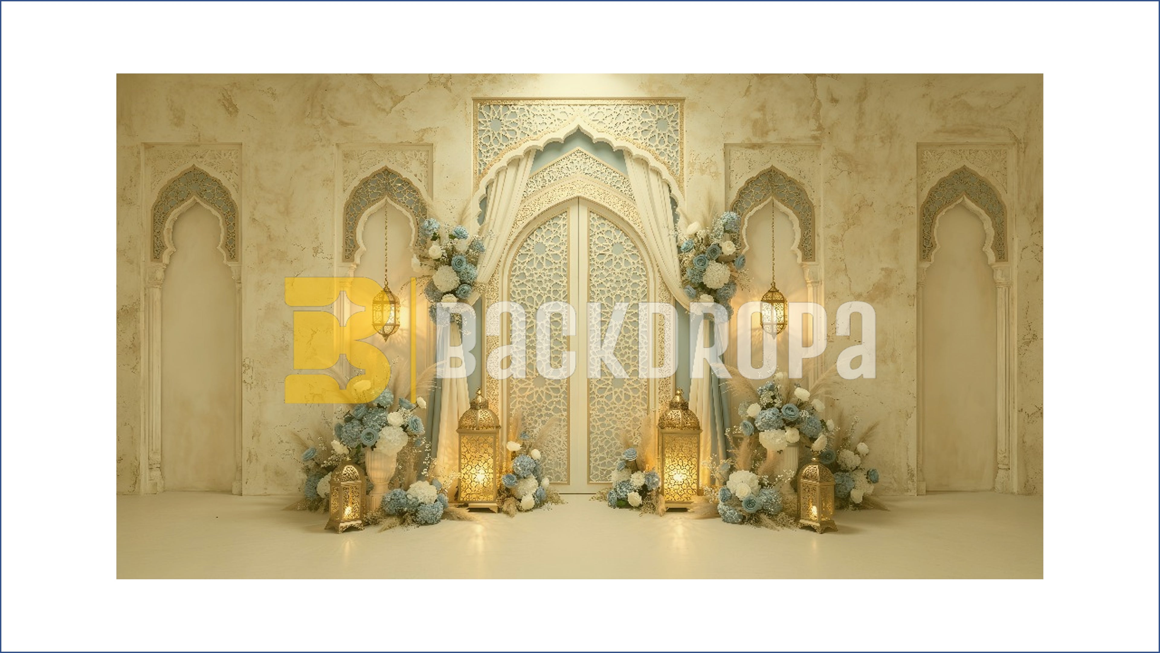 ELEGANT CARVED ARCH FLORAL LANTERN SETUP BACKDROP FOR WEDDING & EVENT PHOTOGRAPHY