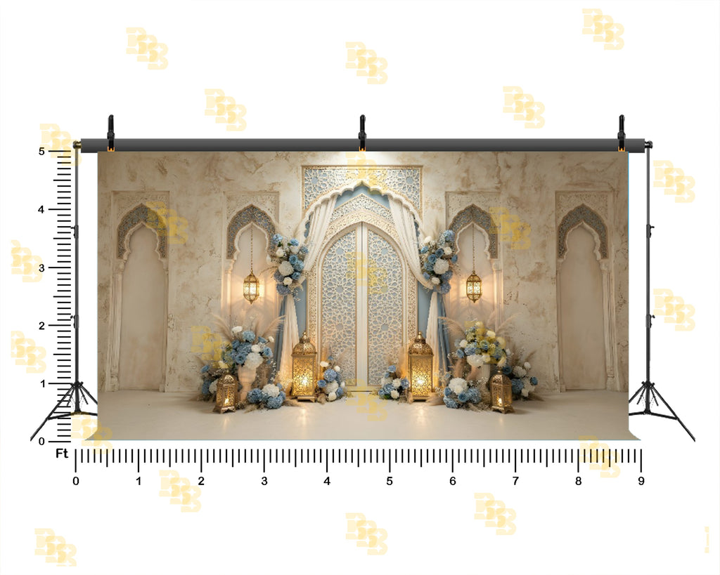 ELEGANT CARVED ARCH FLORAL LANTERN SETUP BACKDROP FOR WEDDING & EVENT PHOTOGRAPHY