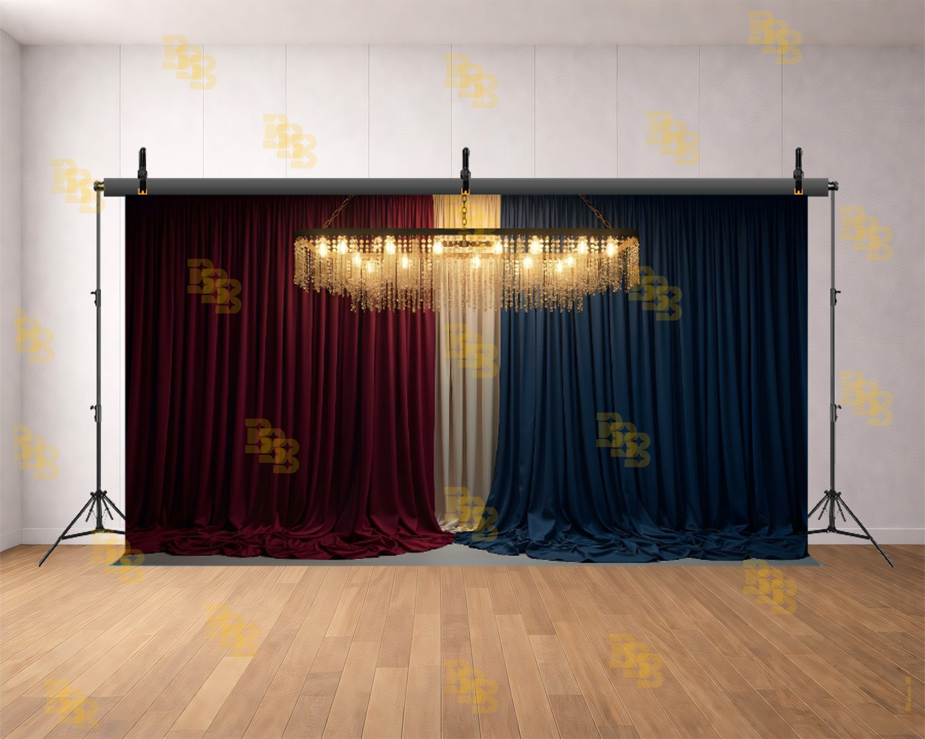 LUXURY TRICOLOR VELVET DRAPE WITH CRYSTAL CHANDELIER BACKDROP FOR BOUTIQUE & PORTRAIT PHOTOGRAPHY