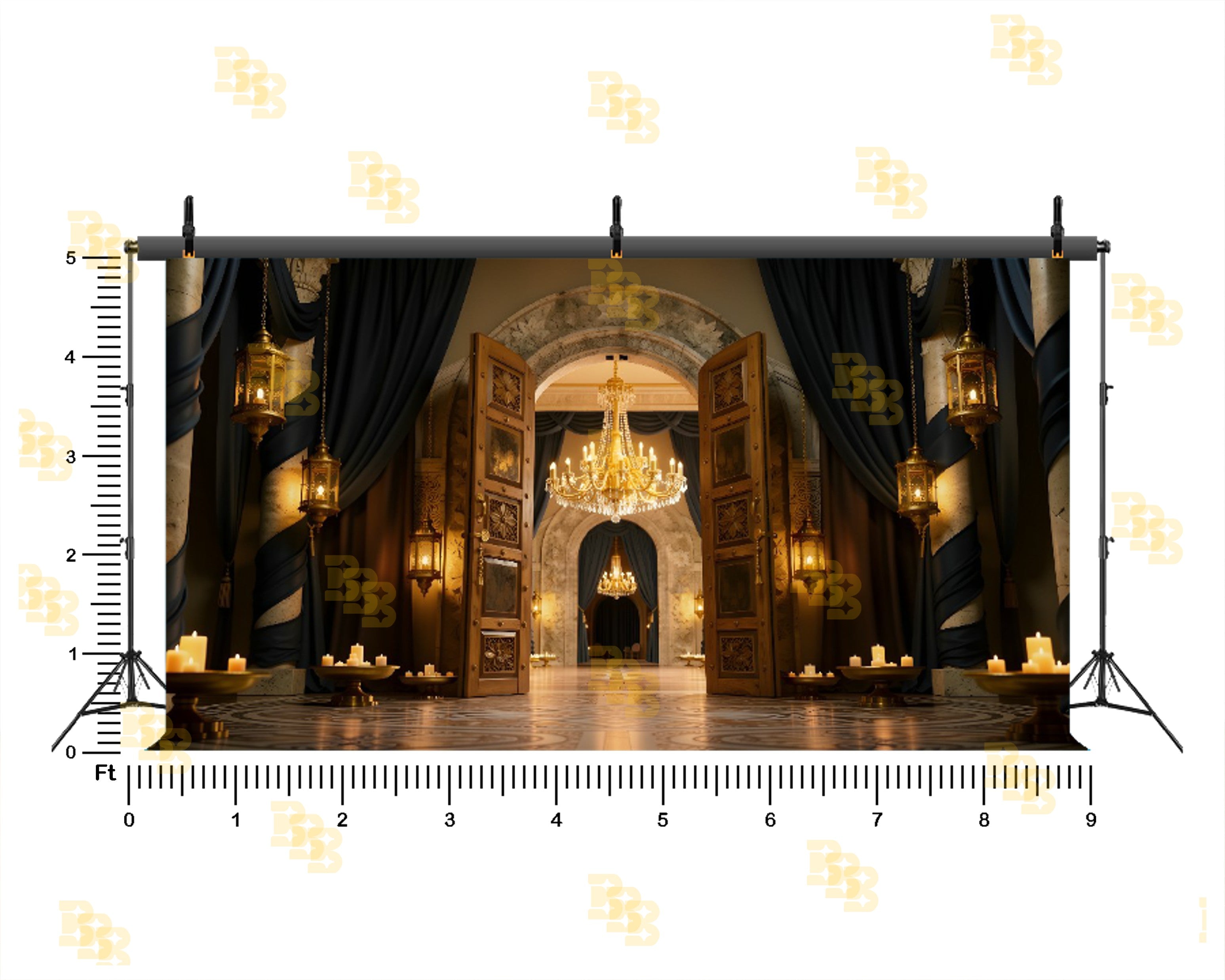 ROYAL PALACE ENTRANCE WITH CHANDELIER LIGHTING BACKDROP FOR WEDDING & PORTRAIT PHOTOGRAPHY