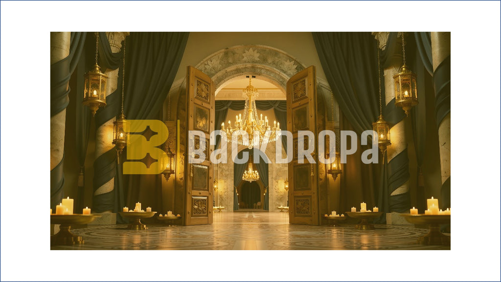 ROYAL PALACE ENTRANCE WITH CHANDELIER LIGHTING BACKDROP FOR WEDDING & PORTRAIT PHOTOGRAPHY