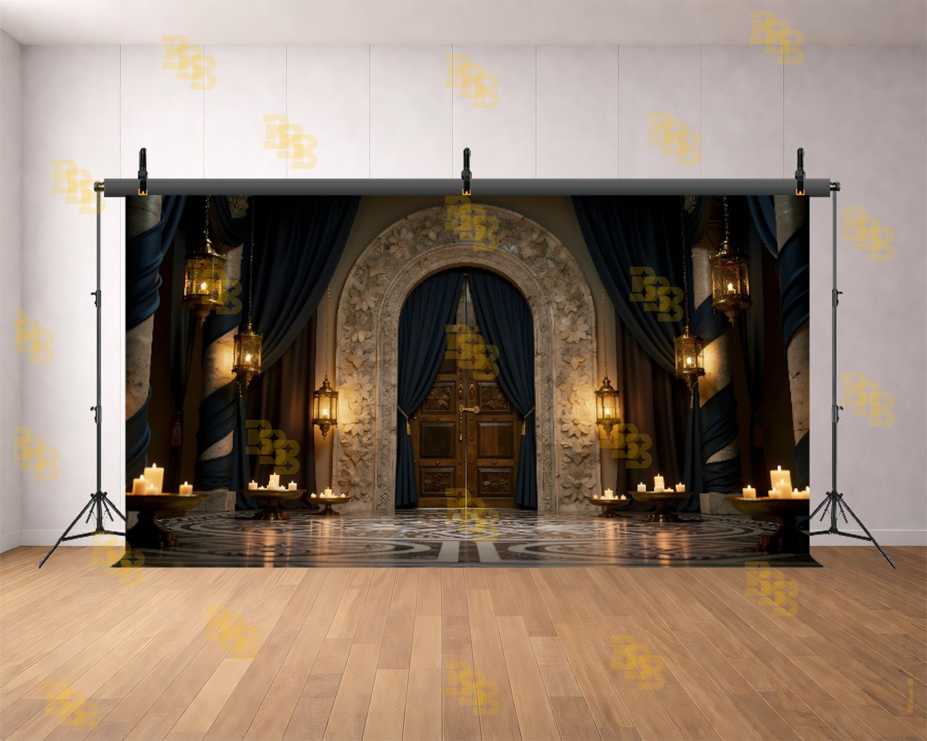 ROYAL VINTAGE ARCHWAY WITH CANDLELIGHT AND DRAPES BACKDROP FOR BOUTIQUE & MAKUP ARTIST REELS SHOOTING