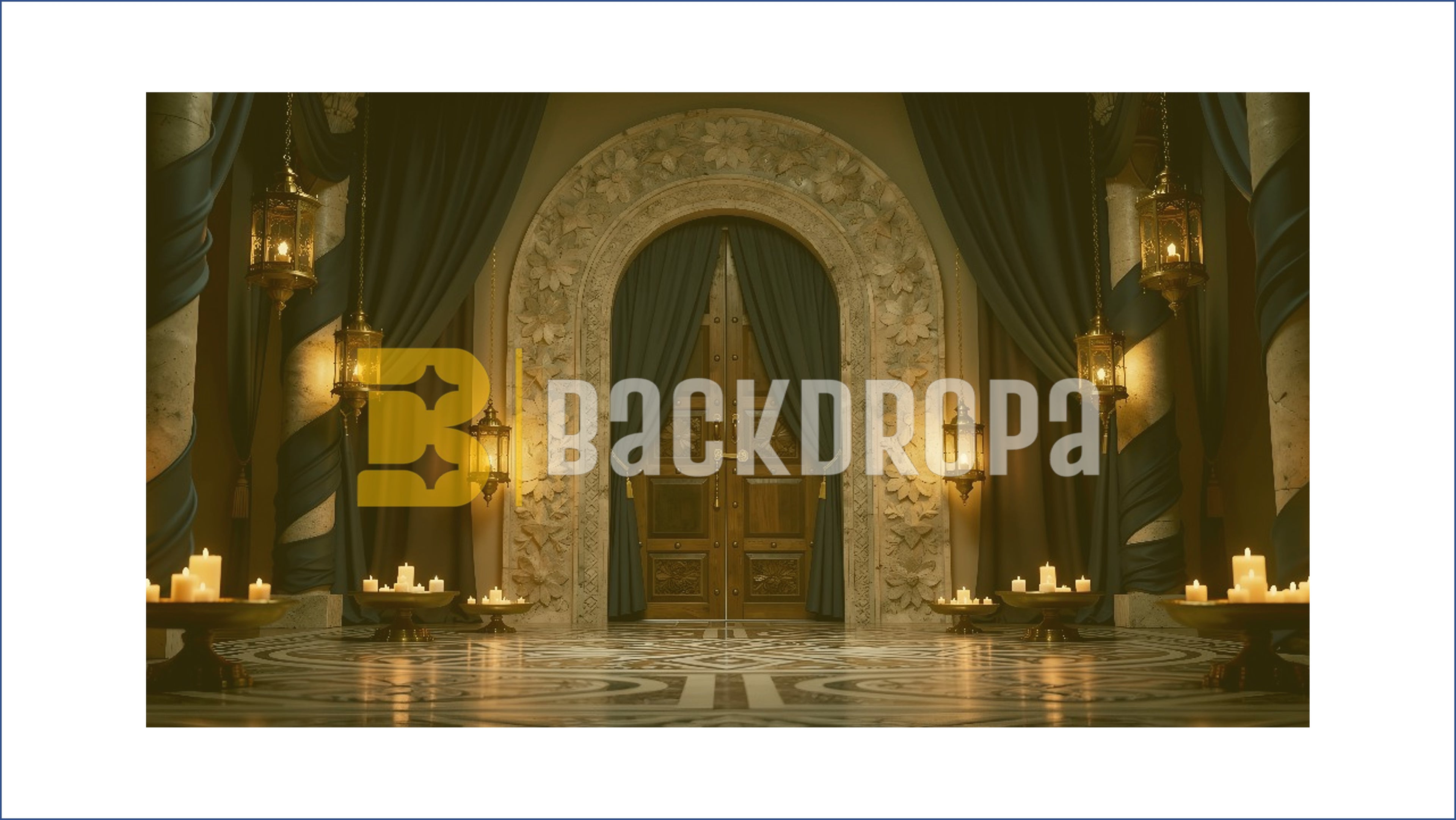 ROYAL VINTAGE ARCHWAY WITH CANDLELIGHT AND DRAPES BACKDROP FOR BOUTIQUE & MAKUP ARTIST REELS SHOOTING