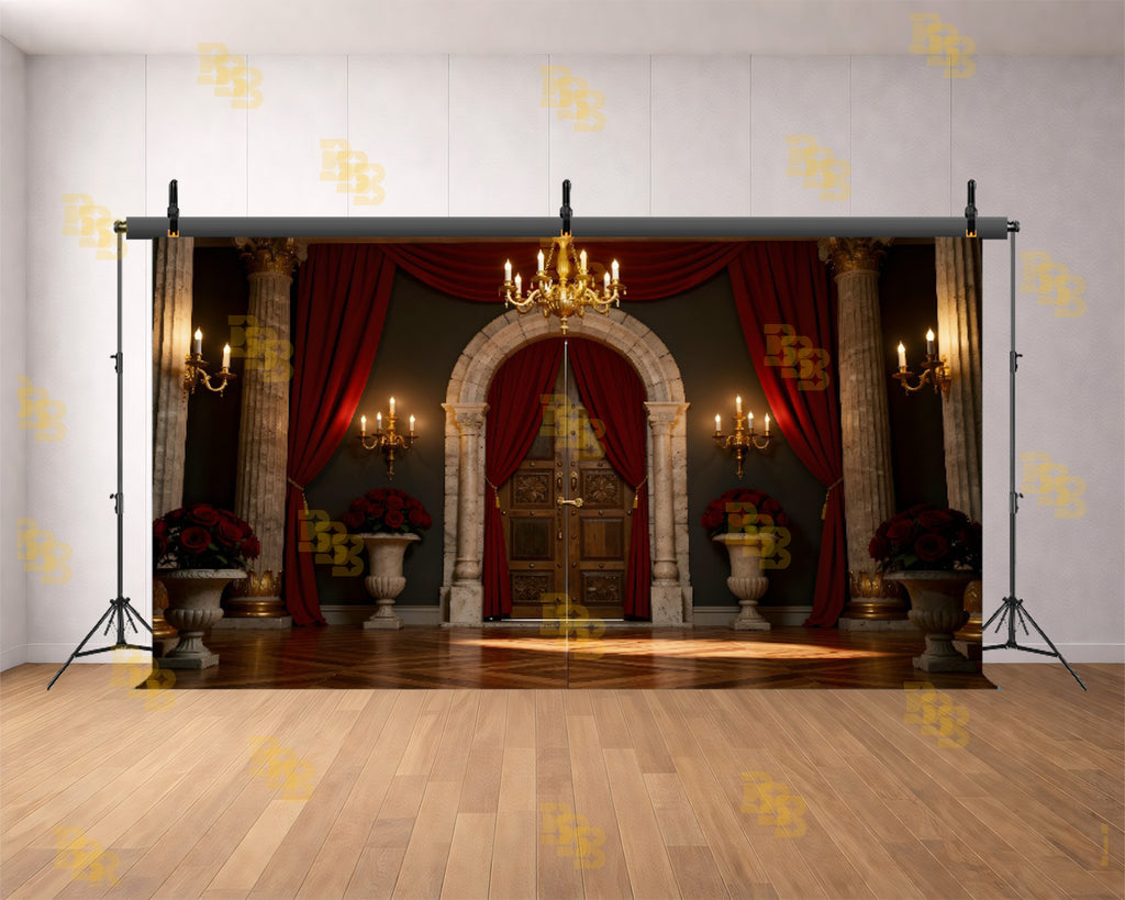 ROYAL RED CURTAIN PALACE DOOR WITH CHANDELIER BACKDROP FOR BOUTIQUE & MAKUP ARTIST PHOTOGRAPHY