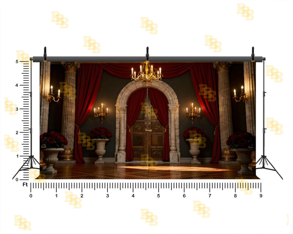 ROYAL RED CURTAIN PALACE DOOR WITH CHANDELIER BACKDROP FOR BOUTIQUE & MAKUP ARTIST PHOTOGRAPHY