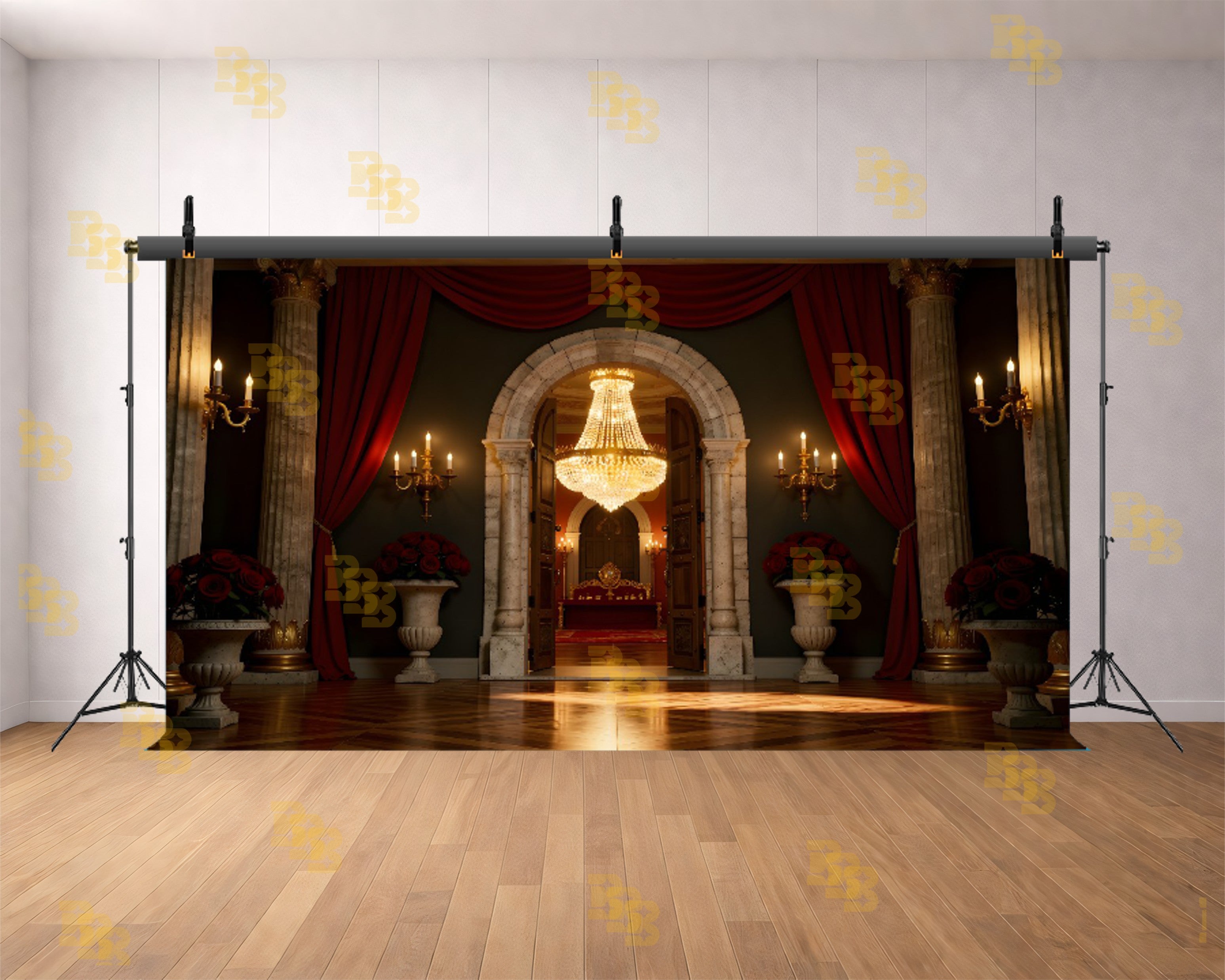 ROYAL RED CURTAIN PALACE DOOR WITH CHANDELIER BACKDROP FOR BOUTIQUE & MAKEUP ARTIST PHOTOGRAPHY