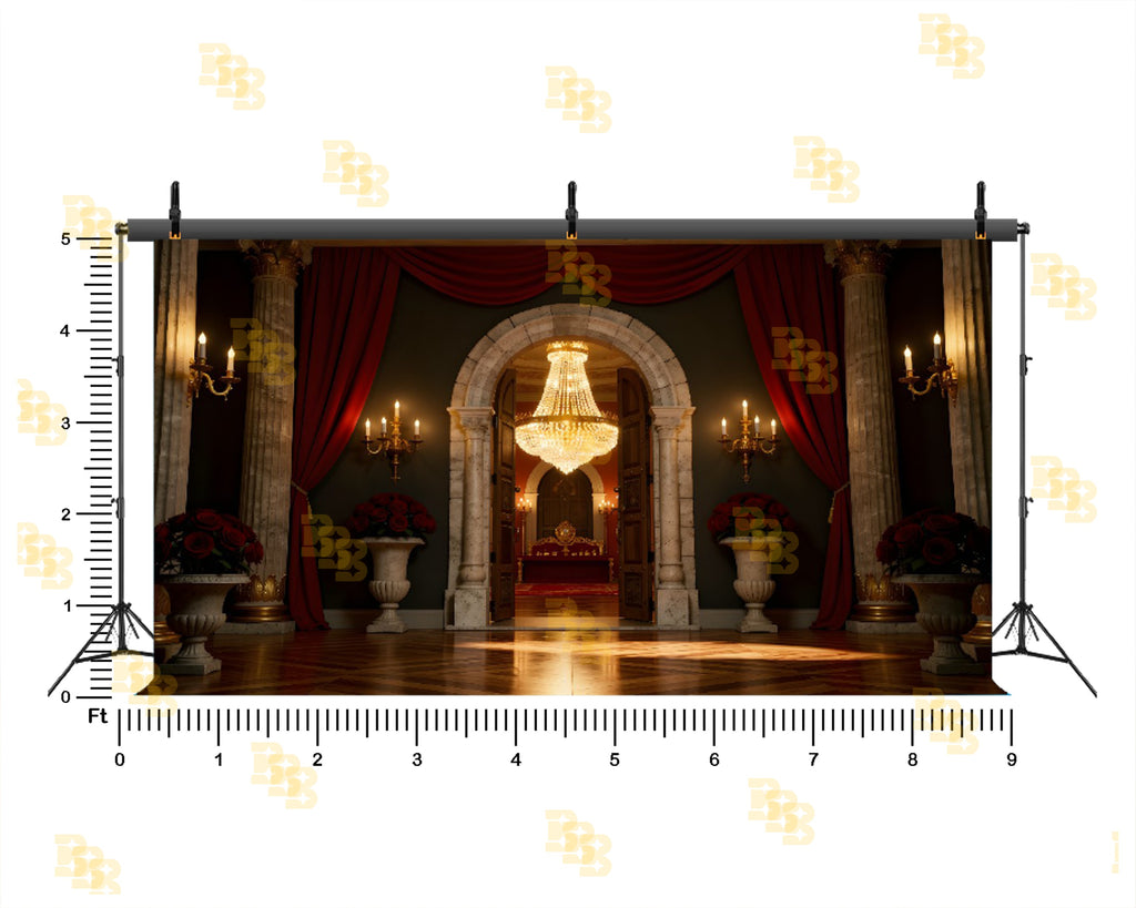 ROYAL RED CURTAIN PALACE DOOR WITH CHANDELIER BACKDROP FOR BOUTIQUE & MAKEUP ARTIST PHOTOGRAPHY
