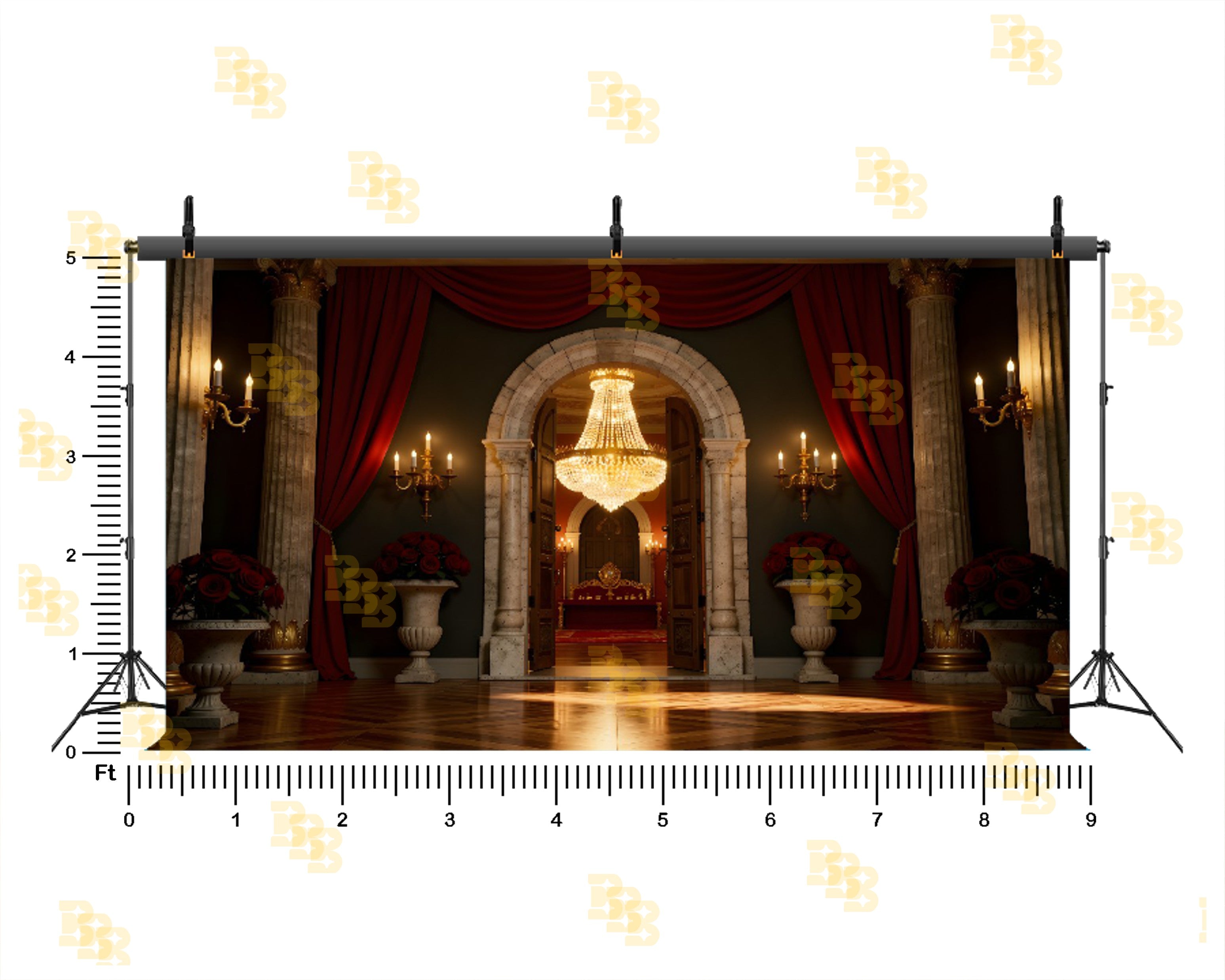 ROYAL RED CURTAIN PALACE DOOR WITH CHANDELIER BACKDROP FOR BOUTIQUE & MAKEUP ARTIST PHOTOGRAPHY