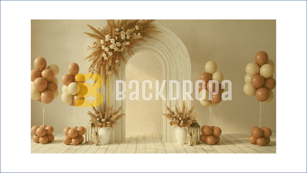 BOHO ARCH DECOR WITH BALLOONS AND FLORAL ARRANGEMENT BACKDROP FOR BIRTHDAY & BABY SHOWER PHOTOGRAPHY