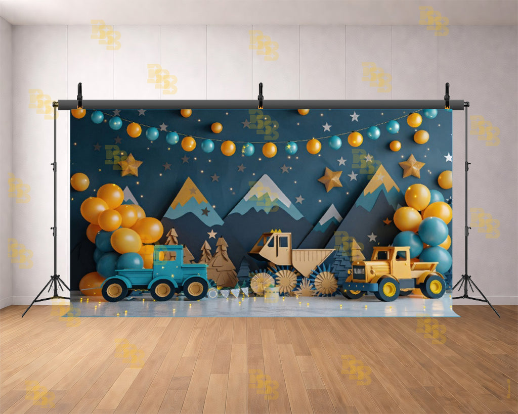 CONSTRUCTION TRUCK ADVENTURE THEME WITH MOUNTAINS AND BALLOONS BACKDROP FOR KIDS BIRTHDAY PHOTOGRAPHY