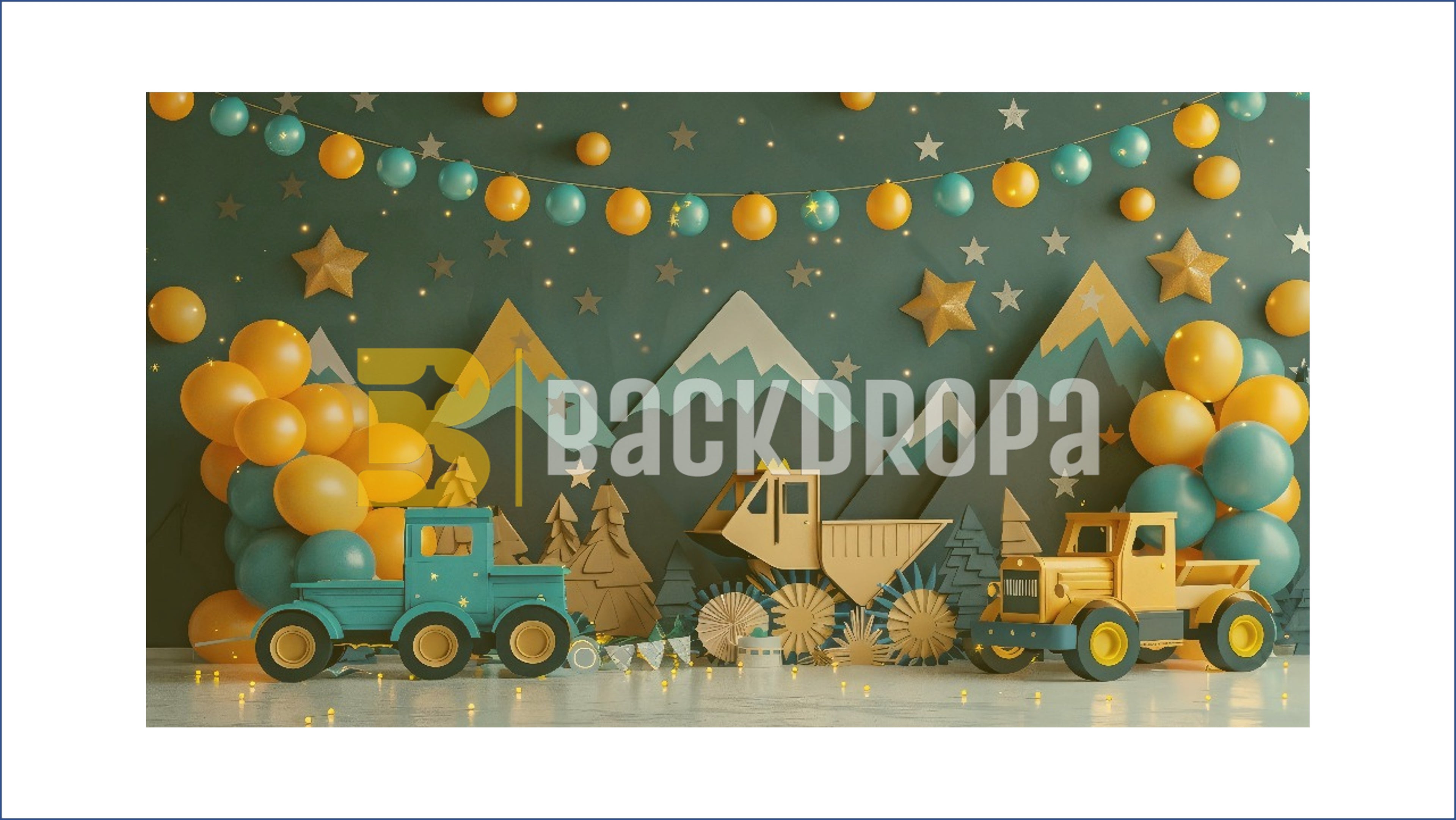 CONSTRUCTION TRUCK ADVENTURE THEME WITH MOUNTAINS AND BALLOONS BACKDROP FOR KIDS BIRTHDAY PHOTOGRAPHY