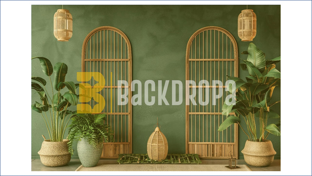 TROPICAL ARCH WINDOW SETUP WITH INDOOR PLANTS AND BAMBOO DECOR BACKDROP FOR PORTRAIT & CONTENT PHOTOGRAPHY