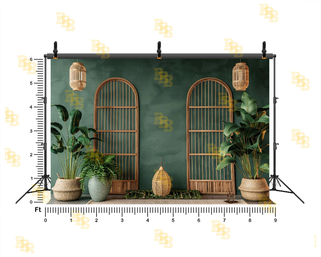 TROPICAL ARCH WINDOW SETUP WITH INDOOR PLANTS AND BAMBOO DECOR BACKDROP FOR PORTRAIT & CONTENT PHOTOGRAPHY